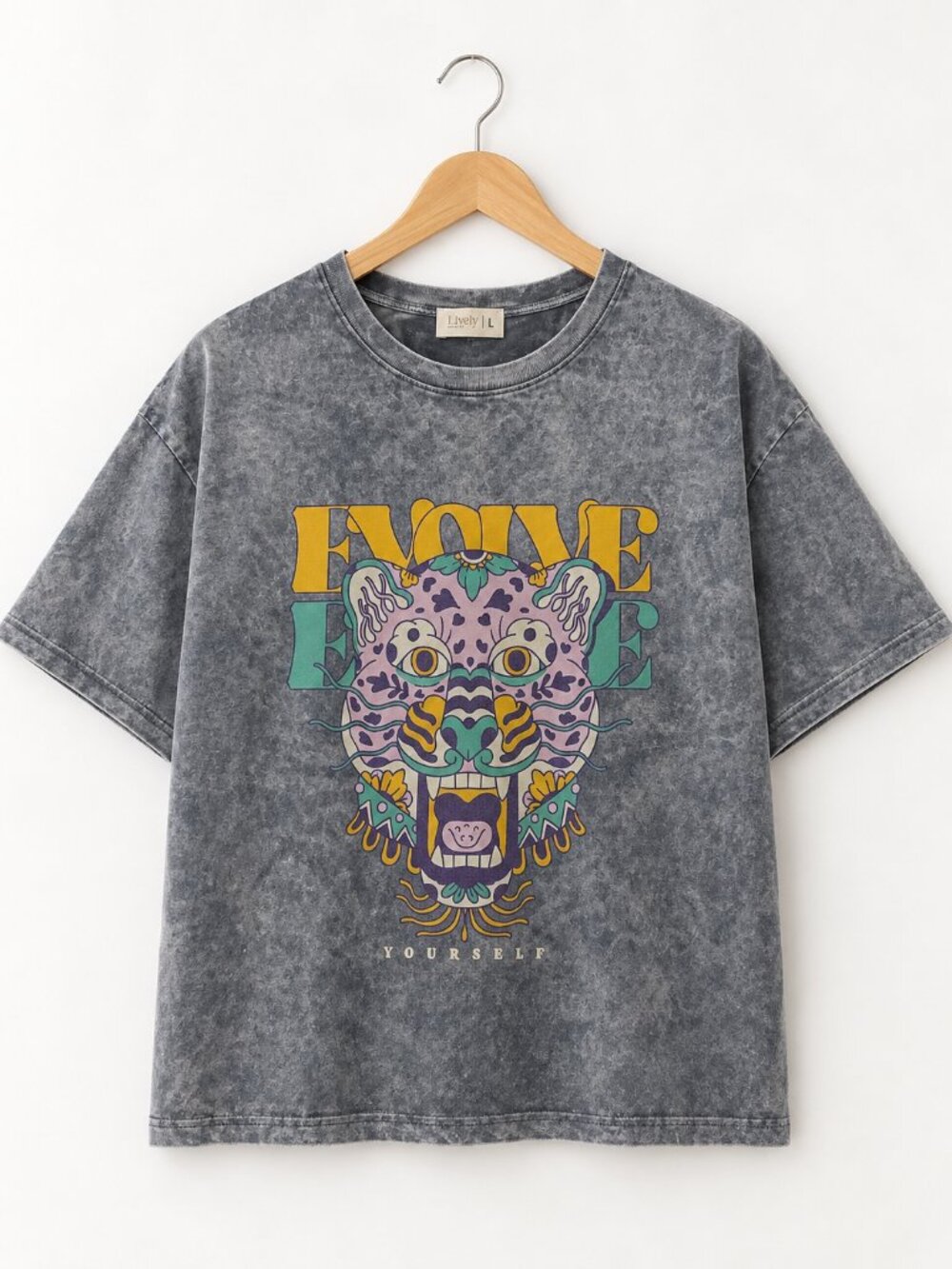 Grunge Art Tiger Graphic L Gray Acid Wash T-Shirt Evolve Yourself